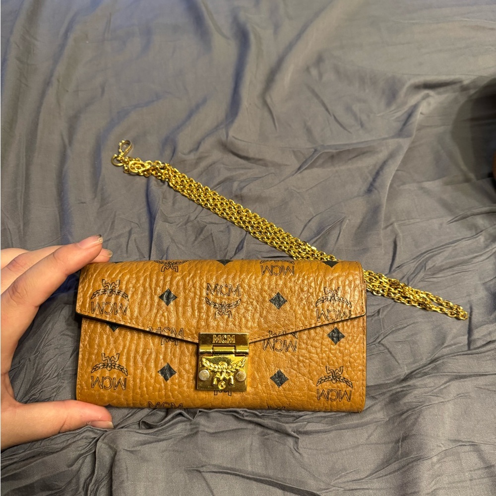 MCM Brown Monogram Clutch with Gold Hardware